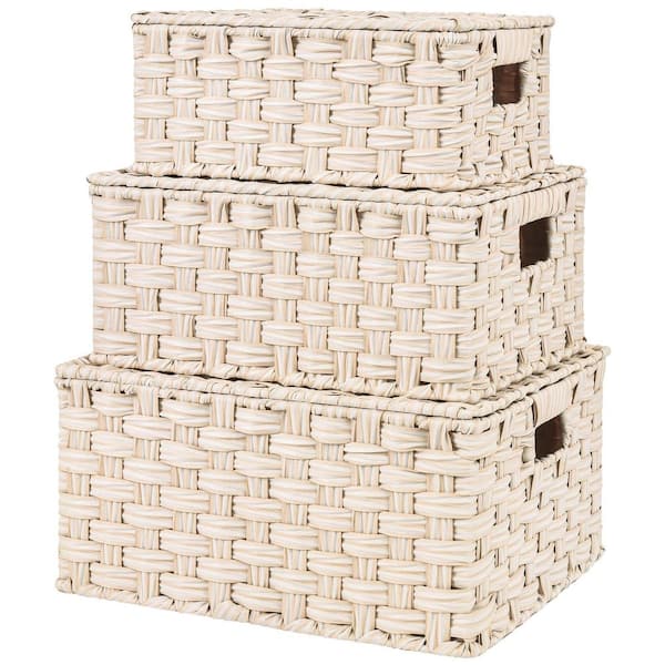 Unbranded Butter Milk White, 11.5 in. x 14.25 in. x 7 in., Plastic Wicker Decorative Baskets with Lids, Set of 3
