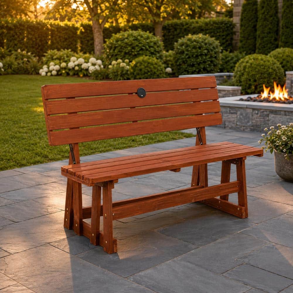 2-in-1 Convertible Wooden Bench Picnic Table with Umbrella Hole, Folding Outdoor Dining Set for Patio & Garden price history on PriceWatchPro