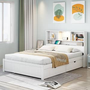 White Wood Frame Twin Platform Bed with Bookcase Headboard