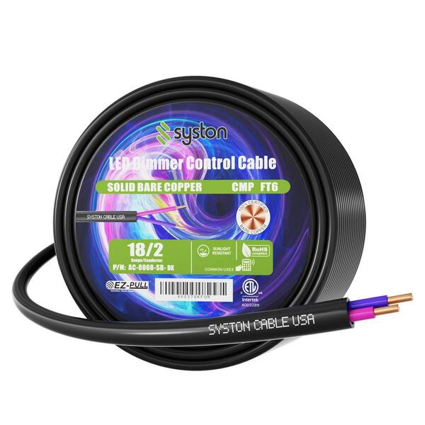 100 ft. 18/2 Black CMP Solid Bare Copper 0-10V LED Dimmer Control Wire, Plenum Rated