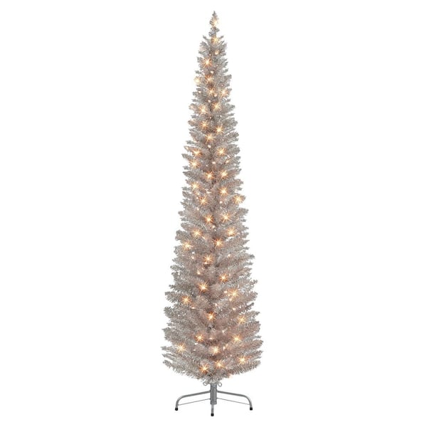 Puleo International 7 ft. Prelit Rose Gold Tinsel Artificial Christmas Tree
