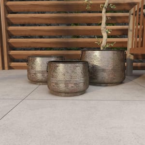11 in. 9 in. and 8 in. Medium Brass Metal Indoor Outdoor Distressed Bucket Style Planter with Side Ring Handles (3-Pack)