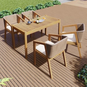 Orion 5 Piece Patio Light Teak Acacia Wood and Rope Weave Outdoor Dining Set with Beige Cushions