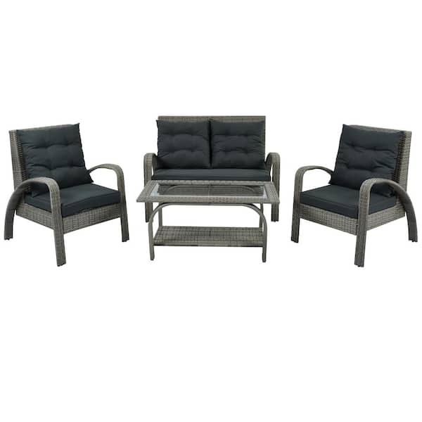 Tatayosi 4-Piece Wicker Steel Frame Outdoor Patio Conversation Set with Deep Gray Cushion