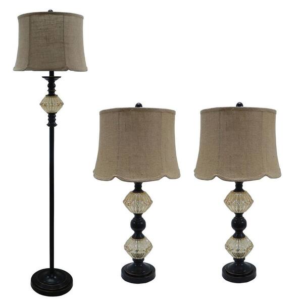 Fangio Lighting 30 in. 3-Piece Amber Glass with Bronze Lamp Set