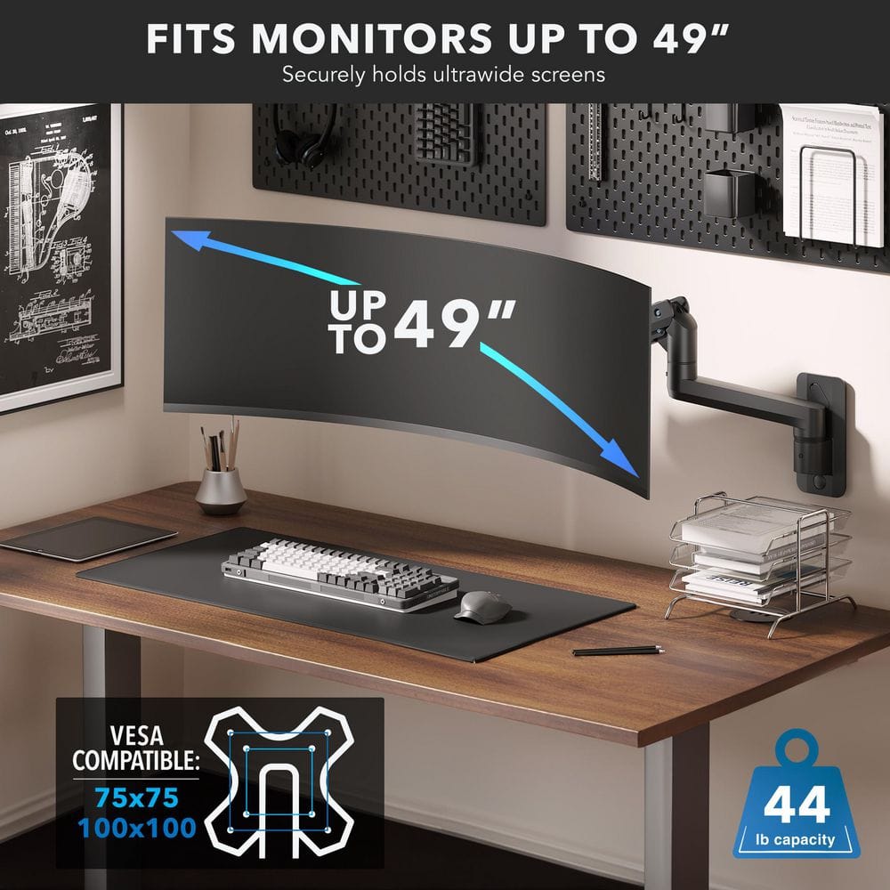 Mount-It! Heavy-Duty Monitor Wall Mount with Gas Spring Arm for monitors up to 49" Ultrawide | holds up to 44 lbs | MI-12009 - Thumbnail 4