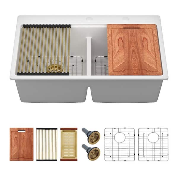 33 in. Drop-in/Topmount 50/50 Double Bowl White Quartz Composite Low Divide Workstation Kitchen Sink with Bottom Grids