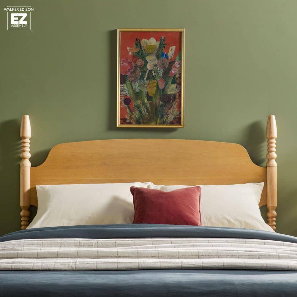 Natural Solid Wood Queen Spindle Bed Frame with Upholstered Headboard