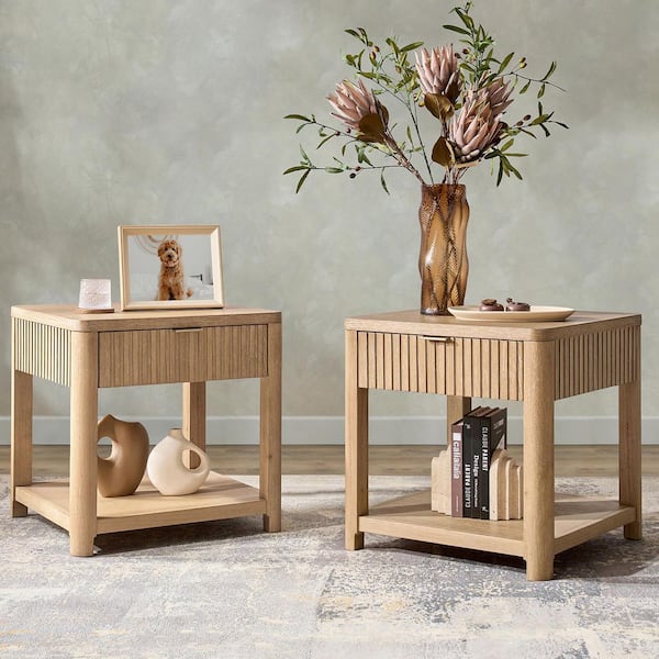 Yoshua 23.75 in. Natural Rectangle Wood End Table with Fluted Surface (Set of 2)