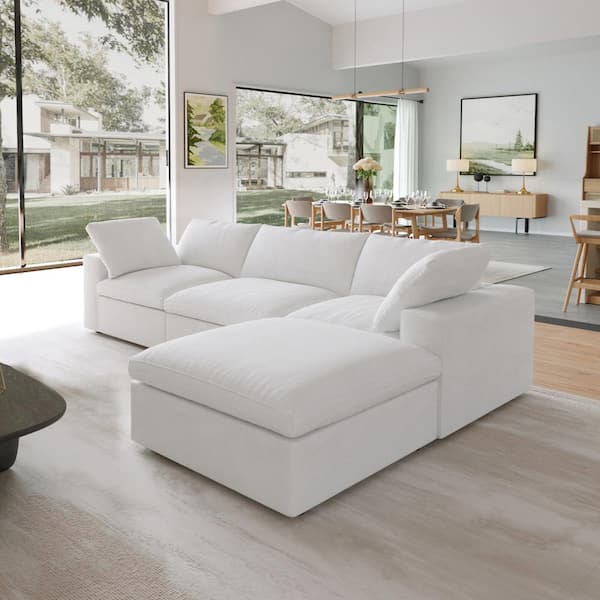J&E Home 120.45. Square Arm Linen 4-Piece L Shaped Free Combination Modular Sectional Sofa with Ottomans in White