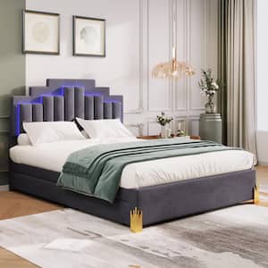 Gray Wood Frame Queen Size Velvet Upholstered Platform Bed with Stylish Irregular Metal Legs, LED Lights and 4 Drawers