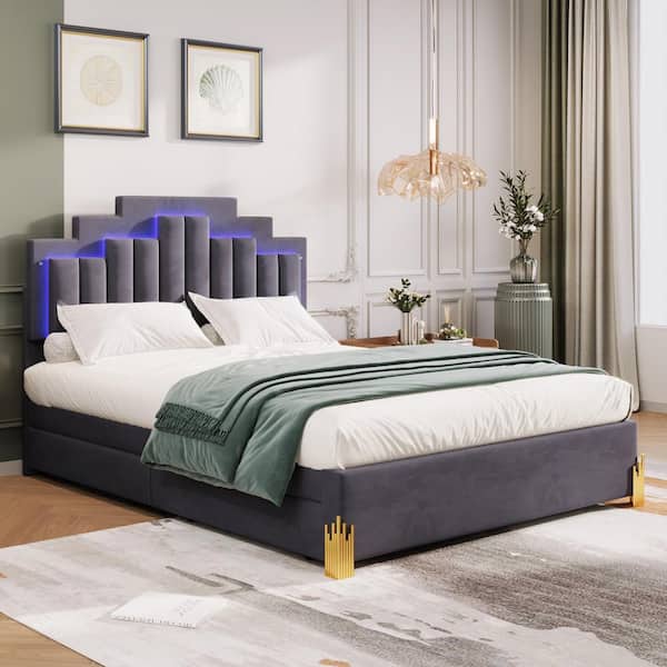 Harper & Bright Designs Gray Wood Frame Queen Size Velvet Upholstered Platform Bed with Stylish Irregular Metal Legs, LED Lights and 4 Drawers