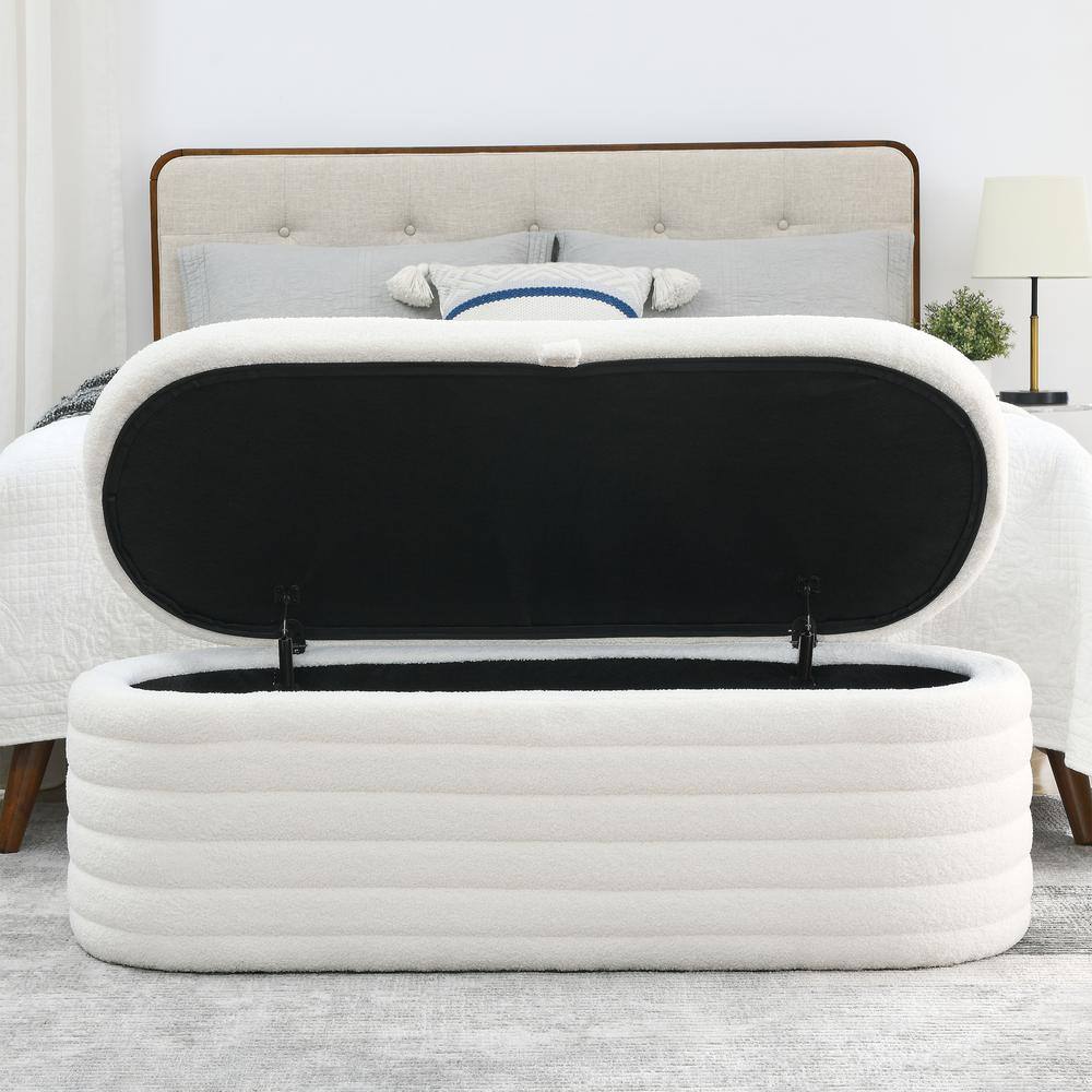 Cream White Upholstered Oval Storage Ottoman Bench