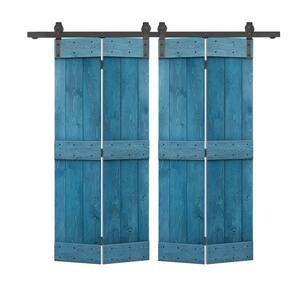 40 in. x 84 in. Mid-Bar Solid Core Ocean Blue Stained DIY Wood Double Bi-Fold Barn Doors with Sliding Hardware Kit