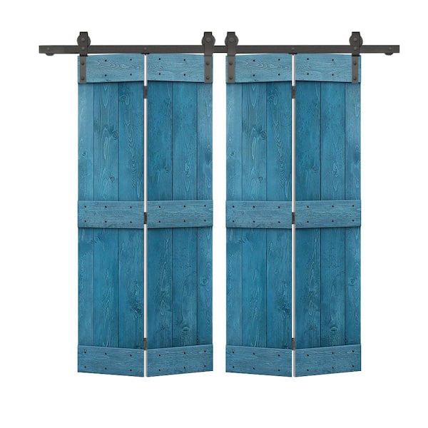 CALHOME 72 in. x 84 in. Mid-Bar Solid Core Ocean Blue Stained DIY Wood Double Bi-Fold Barn Doors with Sliding Hardware Kit