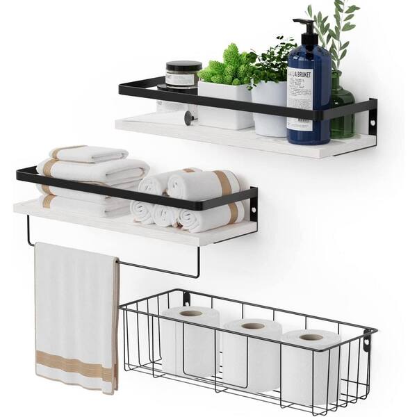 Cubilan 15.7 in. W x 5.7 in. D White Wood Decorative Wall Shelf, Floating Shelves with Metal Basket Set