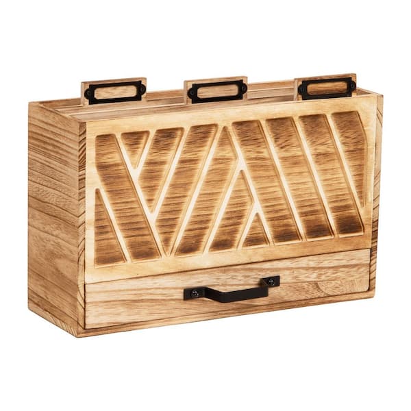 Natural Wood Desktop Mail Organizer with Drawer, 3-Tier Letter Holder with Label Slots, Office Desk Paper Sorter, Brown