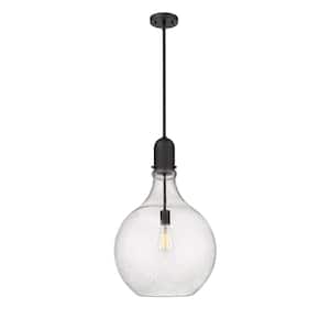Amherst 1-Light Matte Black Shaded Pendant Light with Seedy Glass Shade