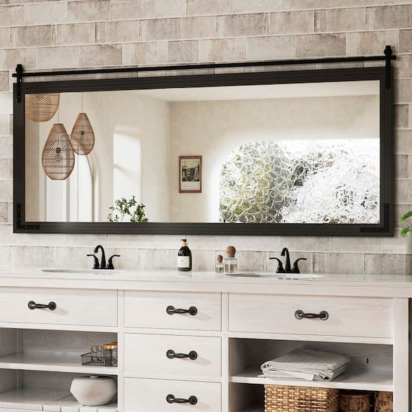 72 in. W x 32 in. H Rectangular Barn Door Black Mirrors Wood Framed Mirror Farmhouse Bathroom Vanity Mirror
