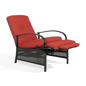 Black Adjustable Steel Outdoor Reclining Lounge Chair with Red Cushion