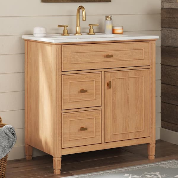 Natural 30in Bathroom Vanity with Sink One Flip Drawer and Two Drawers for Bathroom