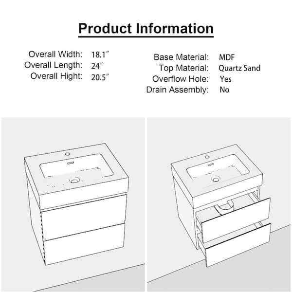 24 in. W x 18 in. D x 25 in. H Wall Mounted Bath Vanity in White with Black Quartz Sand Top