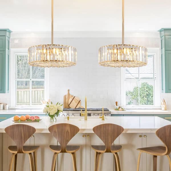 15 in. 4-Light Gold Crystal Semi Flush Mount Chandelier With Clear Glass Shade and No Bulbs Included