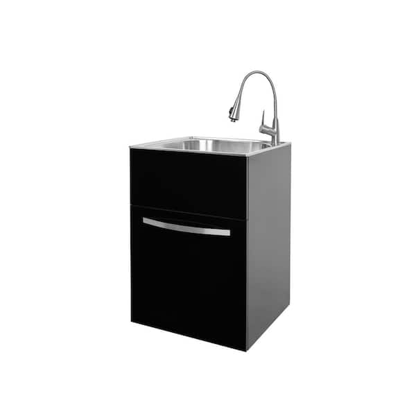 Glacier Bay 24 in. W x 21 in. D x 34 in. L Stainless Steel Utility Sink with Faucet and Drawer Cabinet in Black