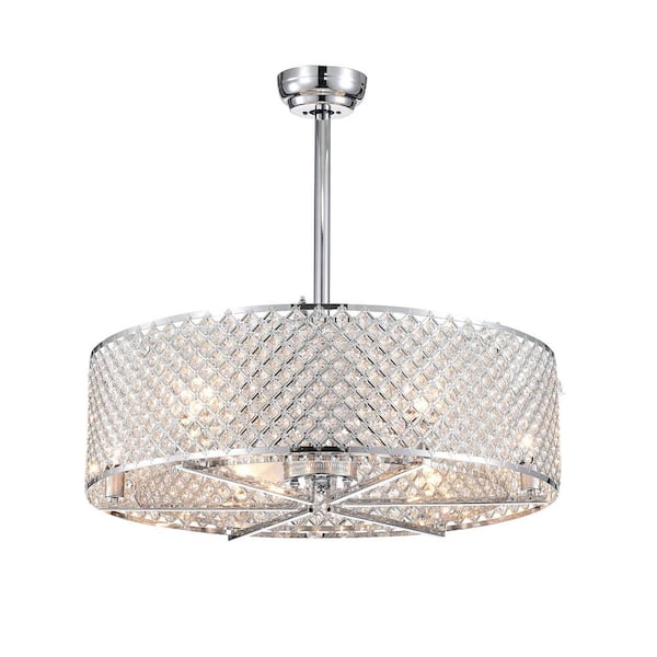 Edvivi 29 in. Indoor 6-Light Chrome Finish Drum Shade Crystal Ceiling Fan with Light Kit and Remote Control