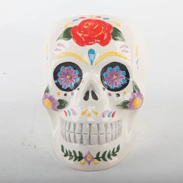 7 in. DOD Ceramic Skull with Rose Art