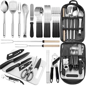 27-Piece Stainless Steel Portable Camping Kitchen Utensil Set with Black Storage Bag for Travel, Picnics, RVs, Camping