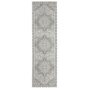 Monticello Gray/White 2 ft. x 8 ft. Center Oriental Medallion Polyester Indoor Runner Area Rug