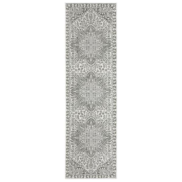 AVERLEY HOME Monticello Gray/White 2 ft. x 8 ft. Center Oriental Medallion Polyester Indoor Runner Area Rug