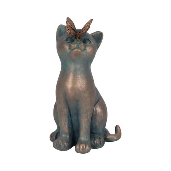 Green 4 in. x 7.5 in. Resin Cat with Butterfly On Nose Garden Statue