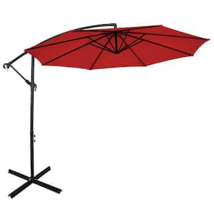 10 ft. Adjustable Tilt Cantilever Aluminum Solar Patio Umbrella Cross Base in Red