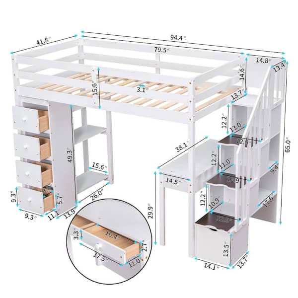 Twin size Loft Bed with Storage Drawers, Desk and Stairs, Wooden Loft Bed with Shelves-White