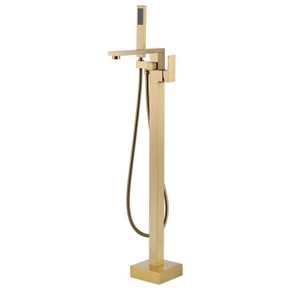 VEVETTA Modern Single-Handle Floor Mount Freestanding Tub Faucet with Waterfall Spout and Handheld Shower in Brushed Gold