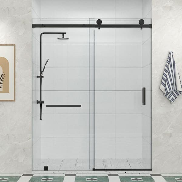 Resa 68 to 72 in. W x 76 in. H Frameless Sliding Shower Door in Matte Black with Towel Bar and 3/8 in. Clear Glass