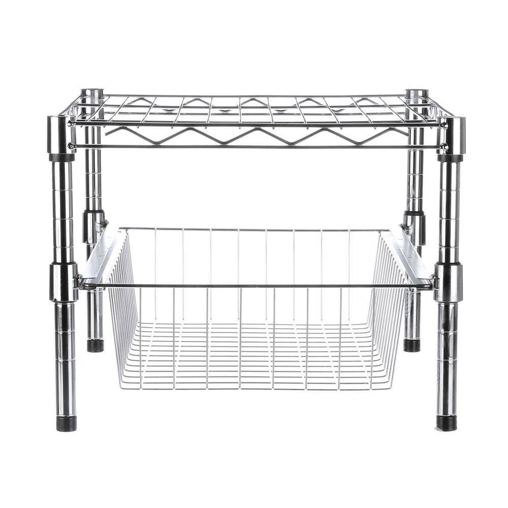 Expandable Chrome Stacking Cabinet Organizer with Pull-Out Basket