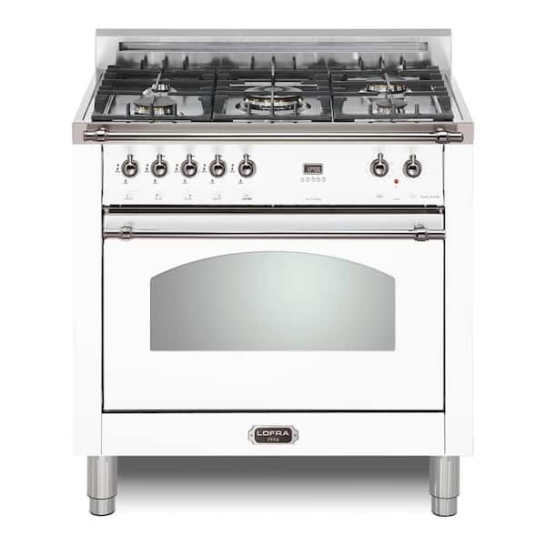 Dolcevita Series 36 in. 5 Burners Dual Fuel Natural Gas Range in Pearl White with Chrome Trim