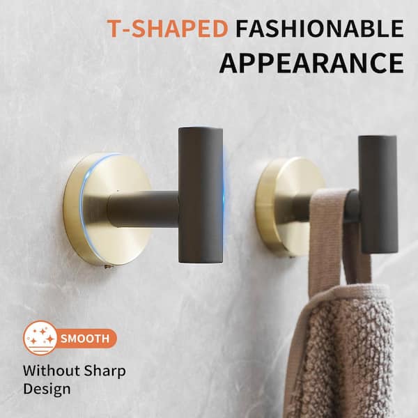 Round Shape Bathroom Modern J-Hook Robe/Towel Hook Wall Mount in Black Gold (2-Pack)