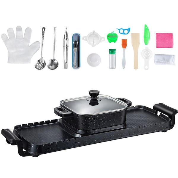 SKYSHALO 2-in-1 Electric Grill and Hot Pot, 2400 Watt BBQ Pan Grill and Hot Pot, Multi-functional Teppanyaki Grill Pot, Smokeless