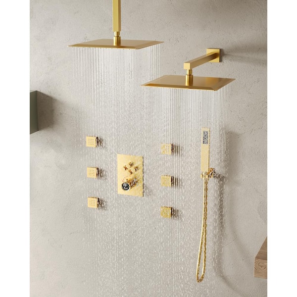 Luxury 15-Spray Wall and Ceiling Mount Triple Fixed and Handheld Dual Shower Head with 6-Jets in Brushed Gold