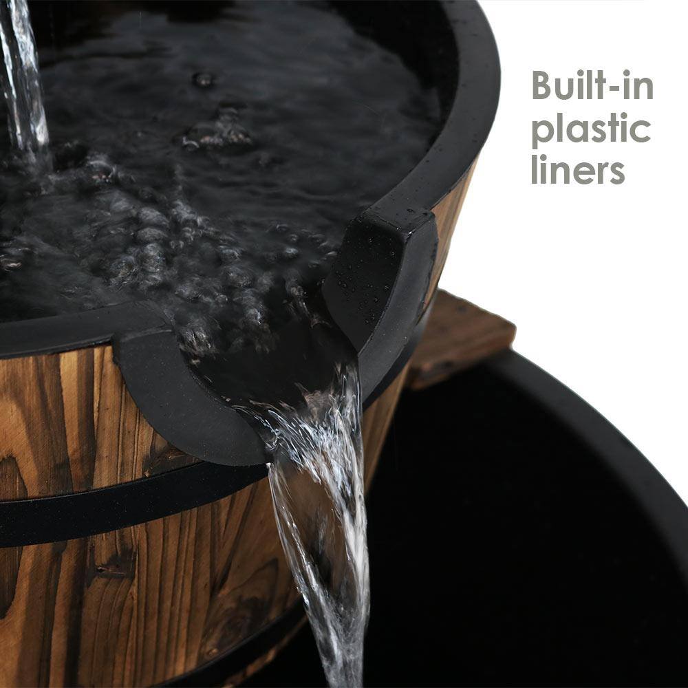 34" Rustic Fir Wood 2-Tier Barrel Water Fountain with Metal Hand Pump