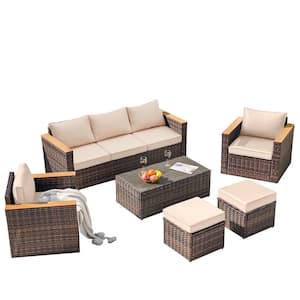 6 Pieces Durable Wicker Outdoor Couch Patio Sectional Sofa Conversation Sets with Khaki Cushions for Backyard Lawn