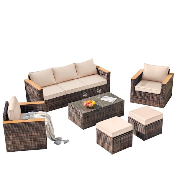 Unbranded 6 Pieces Durable Wicker Outdoor Couch Patio Sectional Sofa Conversation Sets with Khaki Cushions for Backyard Lawn