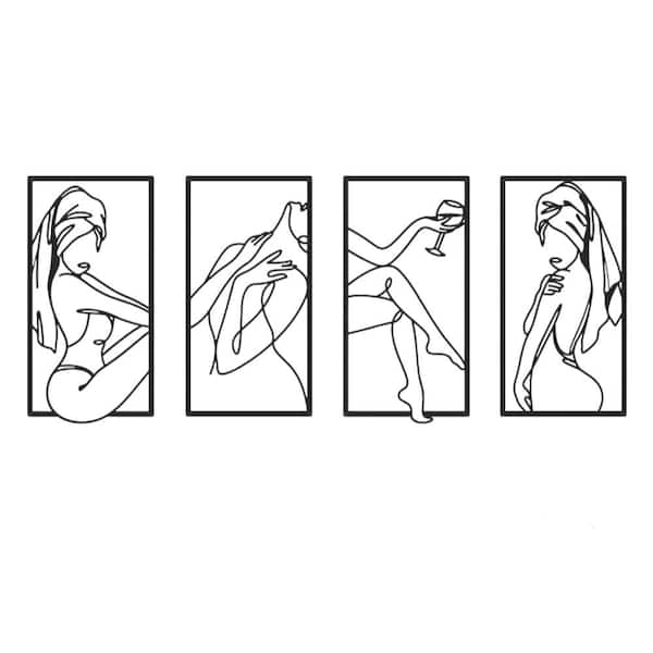 Unbranded 4 Pcs, 17 in x 9 in x 0.2 in Black Metal work Wall Art Set-Minimalist Woman Line Decor for Bathroom, Bedroom