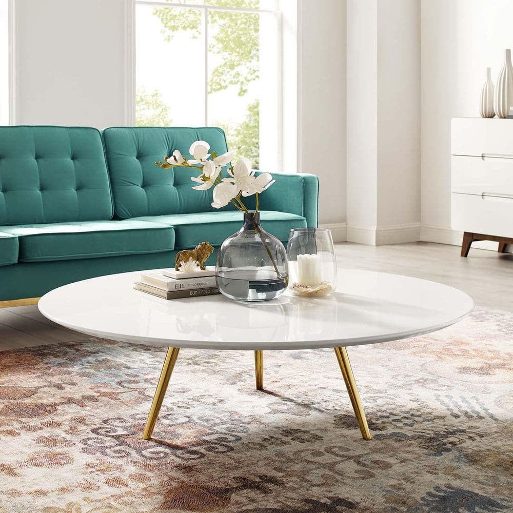 Lippa 48 in. White Round Wood Coffee Table with Tripod Base in Gold price history on PriceWatchPro