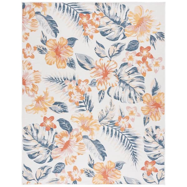 SAFAVIEH Sunrise Ivory/Rust Blue 8 ft. x 10 ft. Oversized Floral Reversible Indoor/Outdoor Area Rug