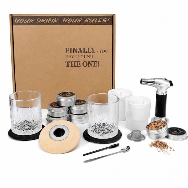 12-Piece Black Wood Cocktail Smoker Kit, Includes 6 Flavors Wood Chips, 2 Whiskey Glasses, Ice Ball Molds
